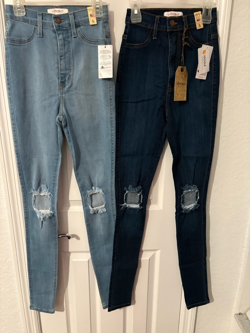 Set of 2-Vibrant Distressed High-Rise Skinny Jeans - Light Blue & Dark Blue